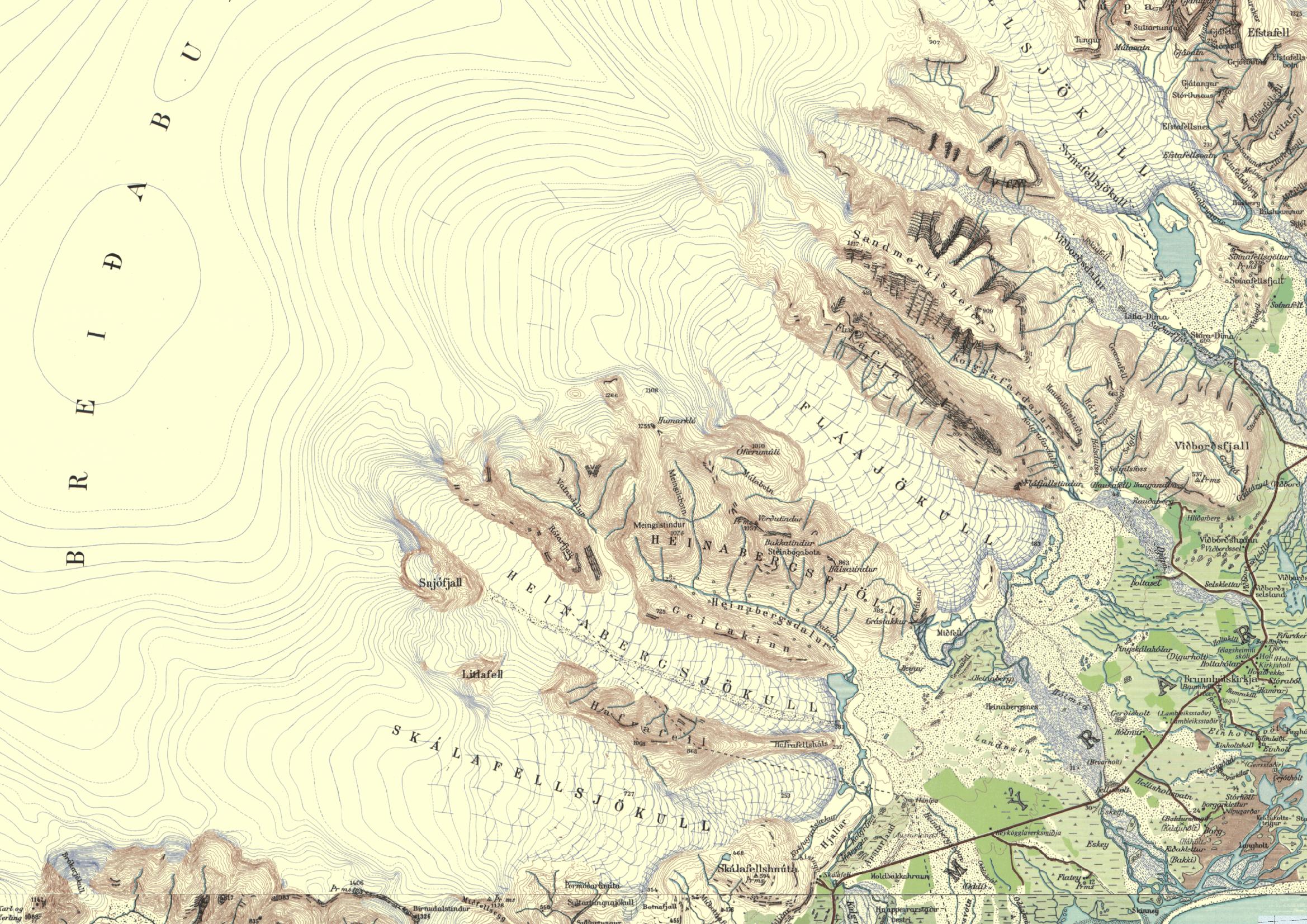 Breiðbunga met de oostelijke uitlopers, Fláajökull in het midden. Bron: mid-twintigste eeuw Atlas-kaart (1:100.000).