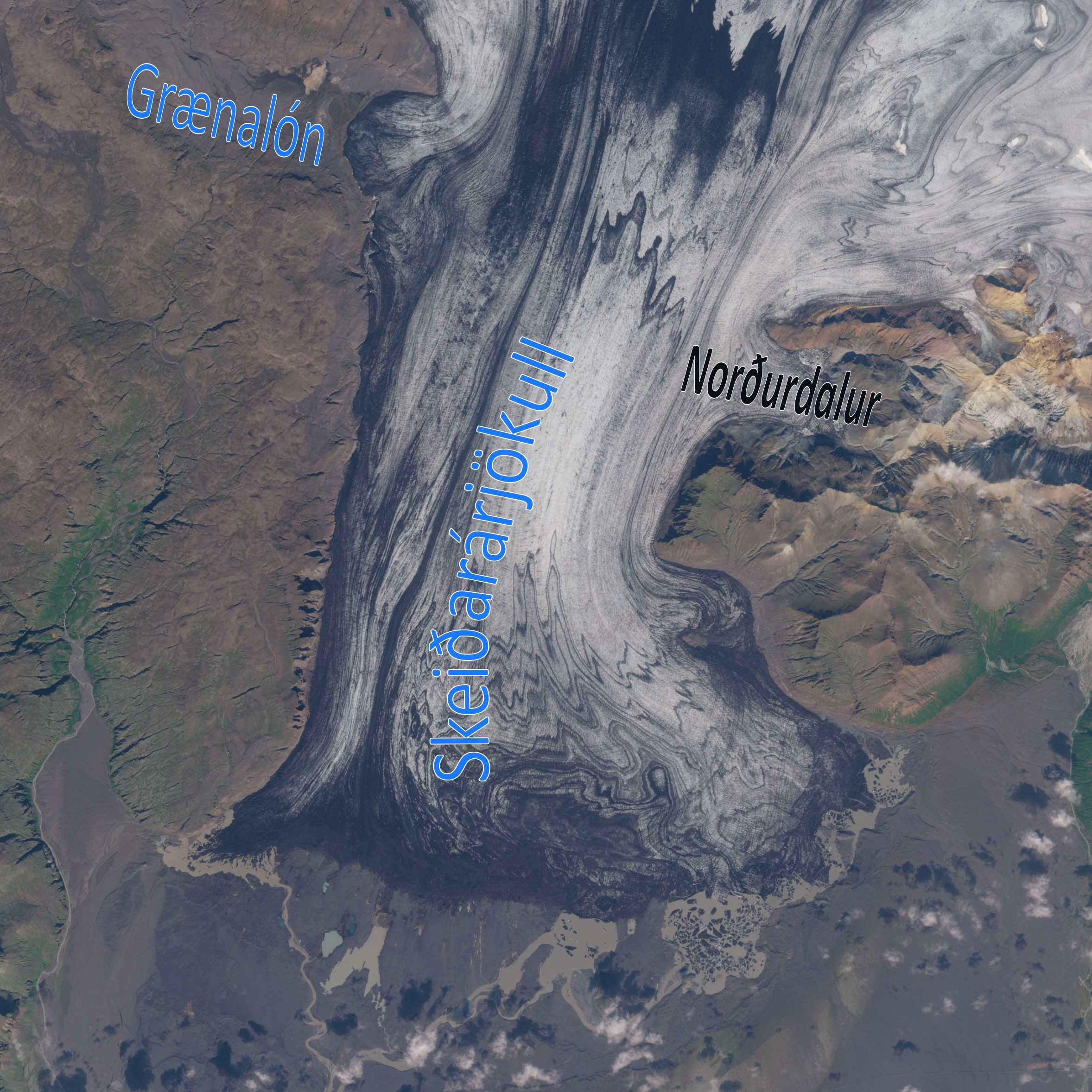 Satellite image of Skeiðarárjökull, August 2023. Source: Sentinel-2 via dataspace.copernicus.eu.