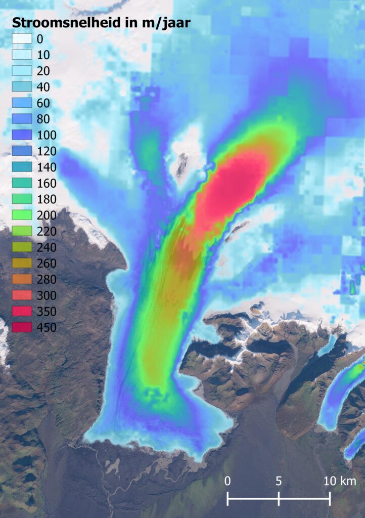 Stroomsnelheid van de Skeiðarárjökull, gebaseerd op satellietbeelden. In het rode gebied loopt de snelheid op tot 420 meter per jaar. Bron: NASA measures project ITS_LIVE (global ice velocities).