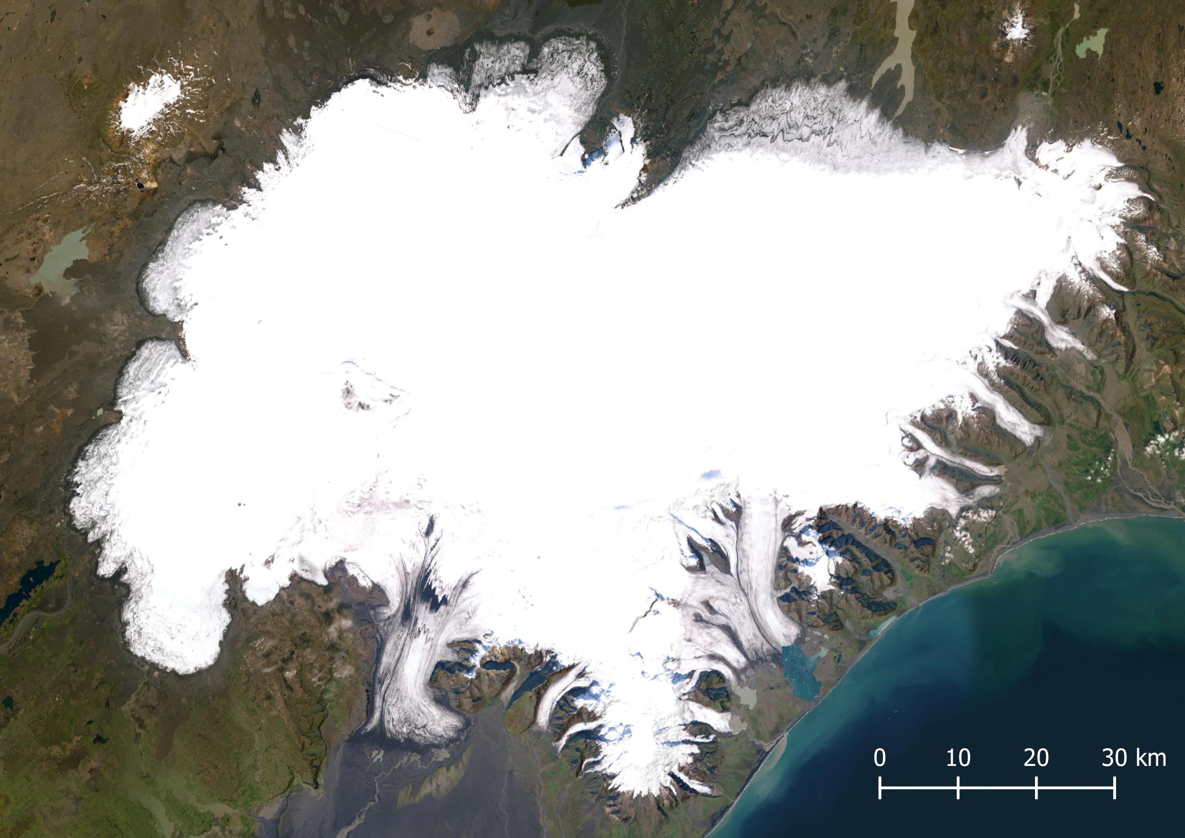 Satellietbeeld van de Vatnajökull. Bron: Earthstar Geographics via ESRI World Imagery.