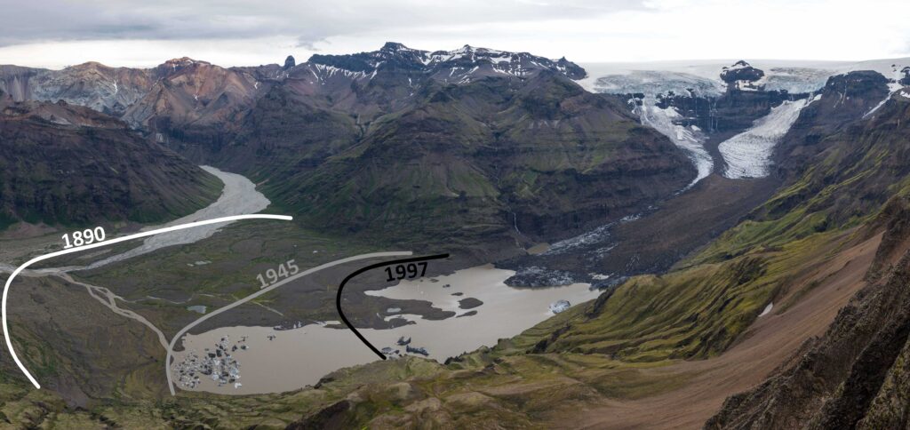 Lines demarcating Morsárjökull's extent in 1890 (white), 1945 (grey) and 1997 (black). View from Kristínartindar, June 2023.