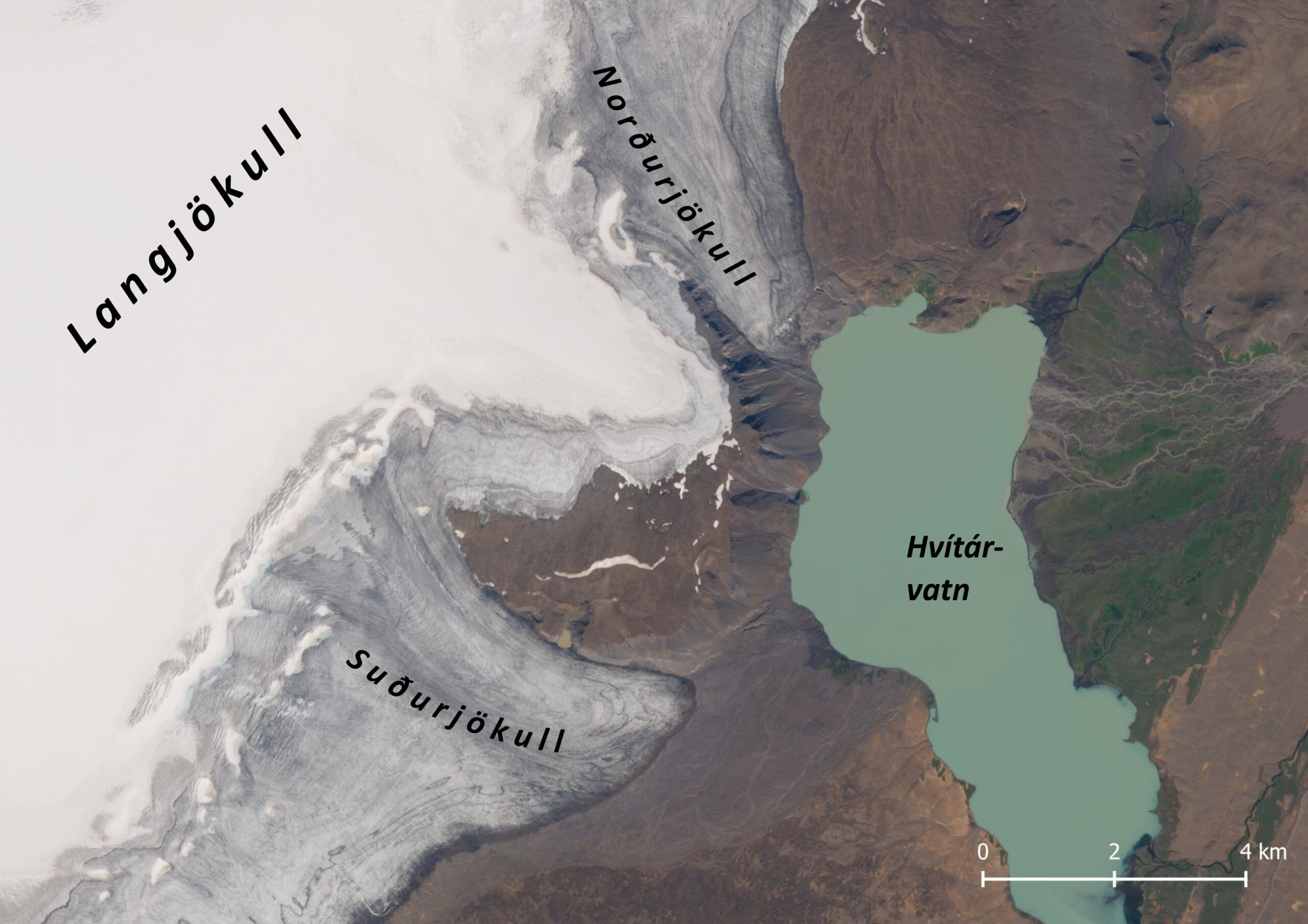 Satellietbeeld van Langjökull met uitlopers Norður- en Suðurjökull richting het Hvítárvatn, augustus 2023. Bron: Sentinel-2 via Copernicus browser.
