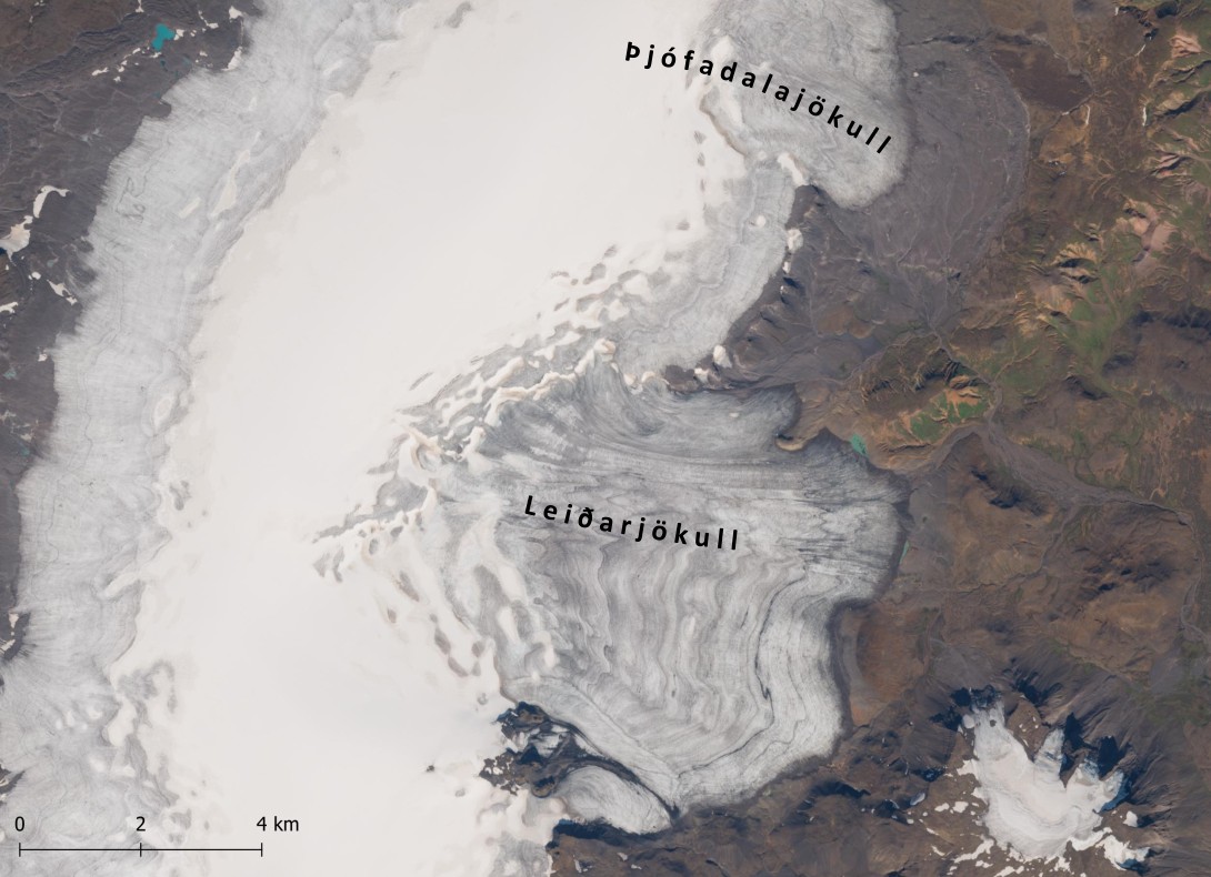 Satellietbeeld van de noordkant van de Langjökull, 25 augustus 2023. Bron: Sentinel 2 via copernicus.eu.