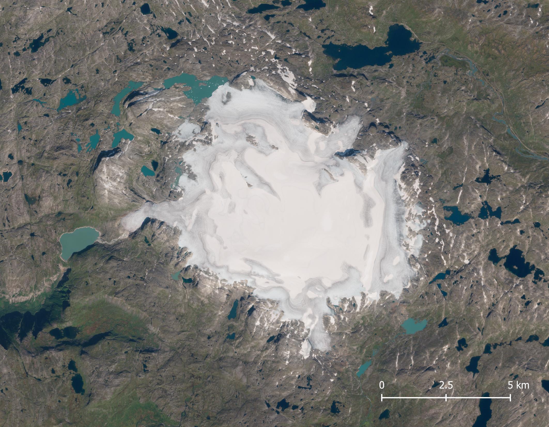 Satellietbeeld van de Hardangerjøkulen in 2021. Data: Sentinel-2 via Copernicus Browser.