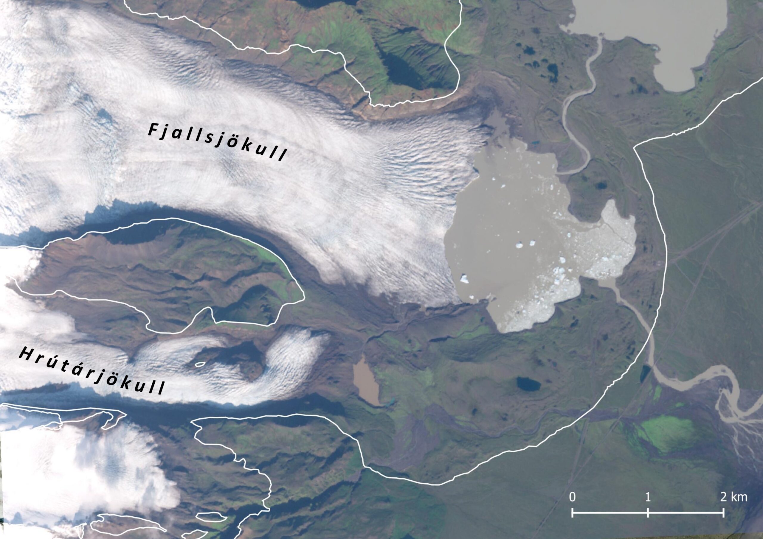 Satellietbeeld van de Hrútárjökull en Fjallsjökull in 2023. De witte lijn markeert hun omvang in de 19e eeuw.