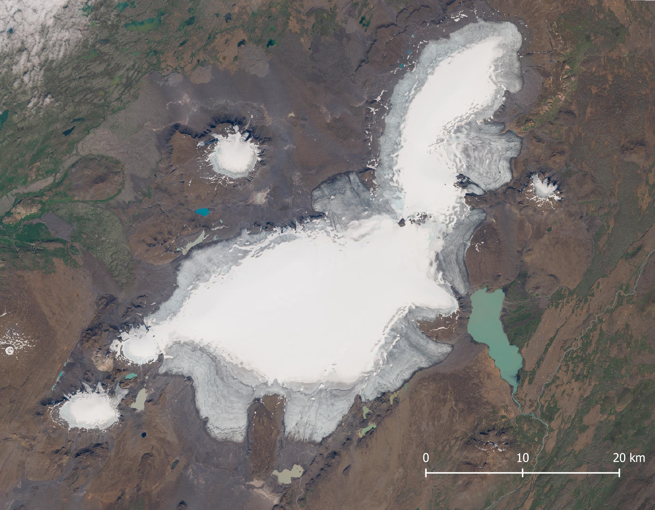 Satellietbeeld van Langjökull op 12 augustus 2023. Bron: Sentinel-2 via Copernicus Browser.