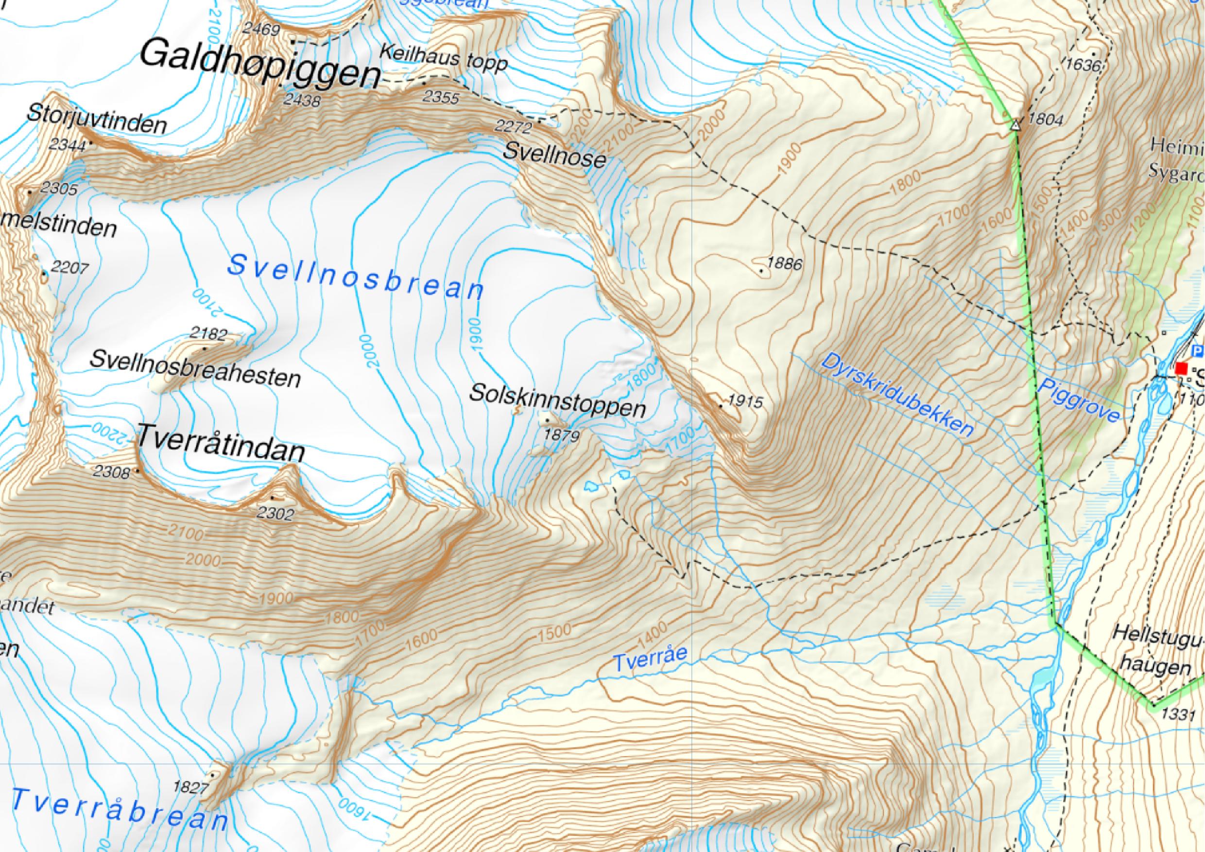 Topografische kaart van de Svellnosbrean. Bron: norgeskart.no