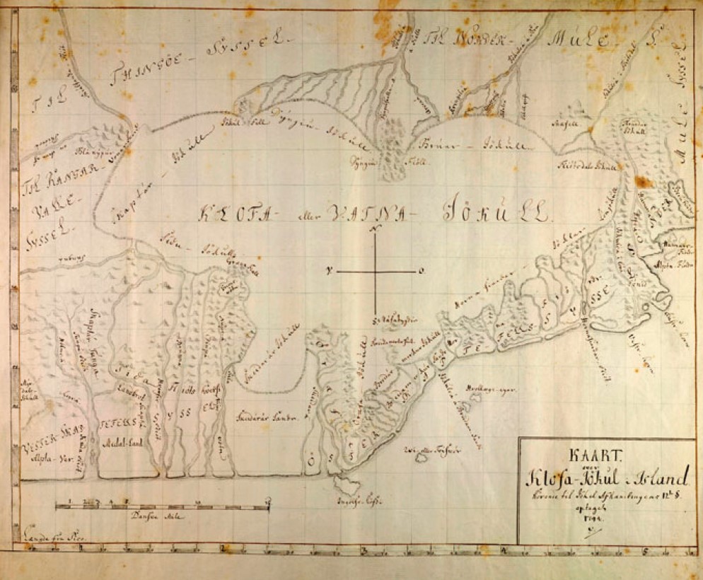 Map of Vatnajökull by Sveinn Pálsson in 1795. He was the first to delineate the ice cap's northern margin.