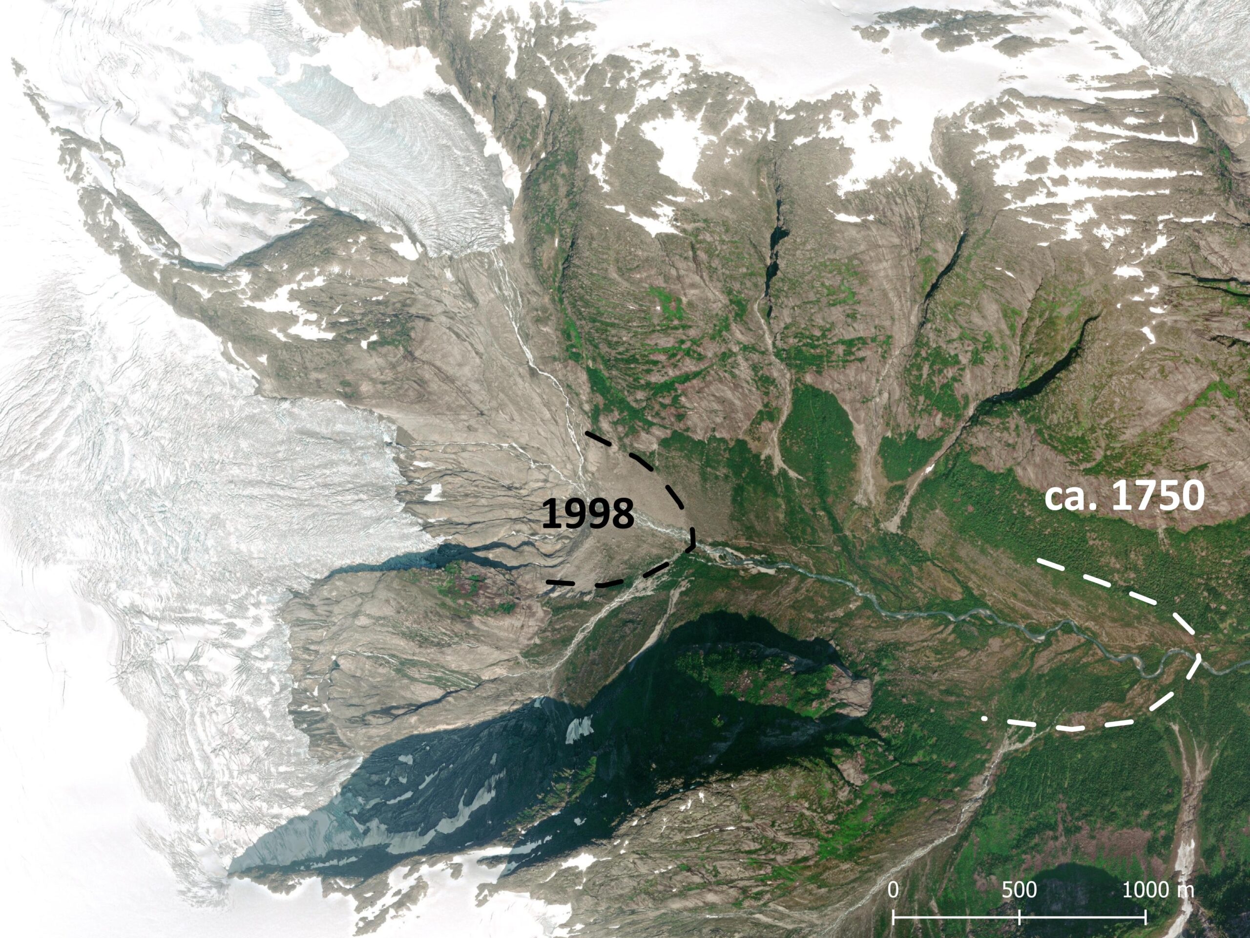 Satellietbeeld van het Krundalen in 2021 met de omvang van de Bergsetbreen in 1999 en omstreeks 1750.