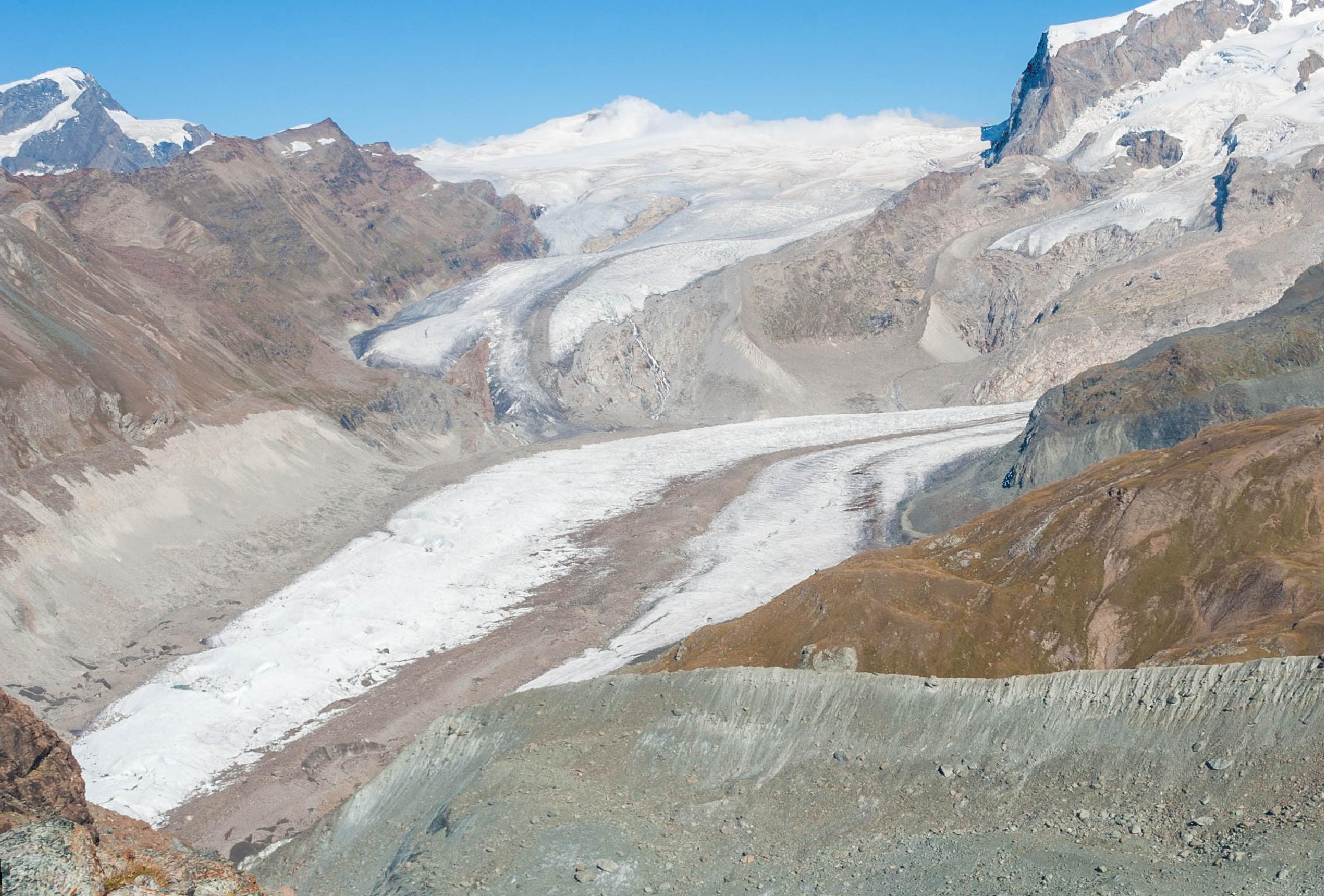 Teruggang van de Gornergletscher tussen 1971 (links) en 2016. Bron 1971: Bibliotheek ETH Zürich, foto Dia_385-10326.