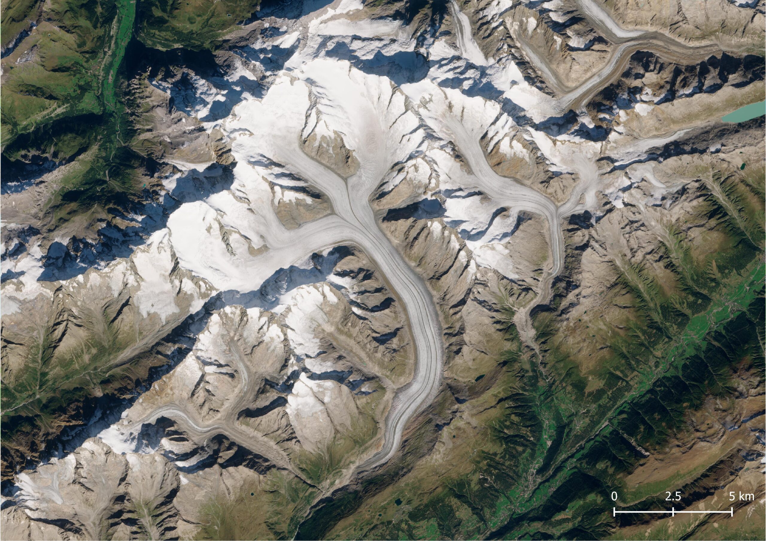 Satelietbeeld van de Grosser Aletschgletscher, augustus 2023. Bron: Sentinel-2 via Copernicus Browser.