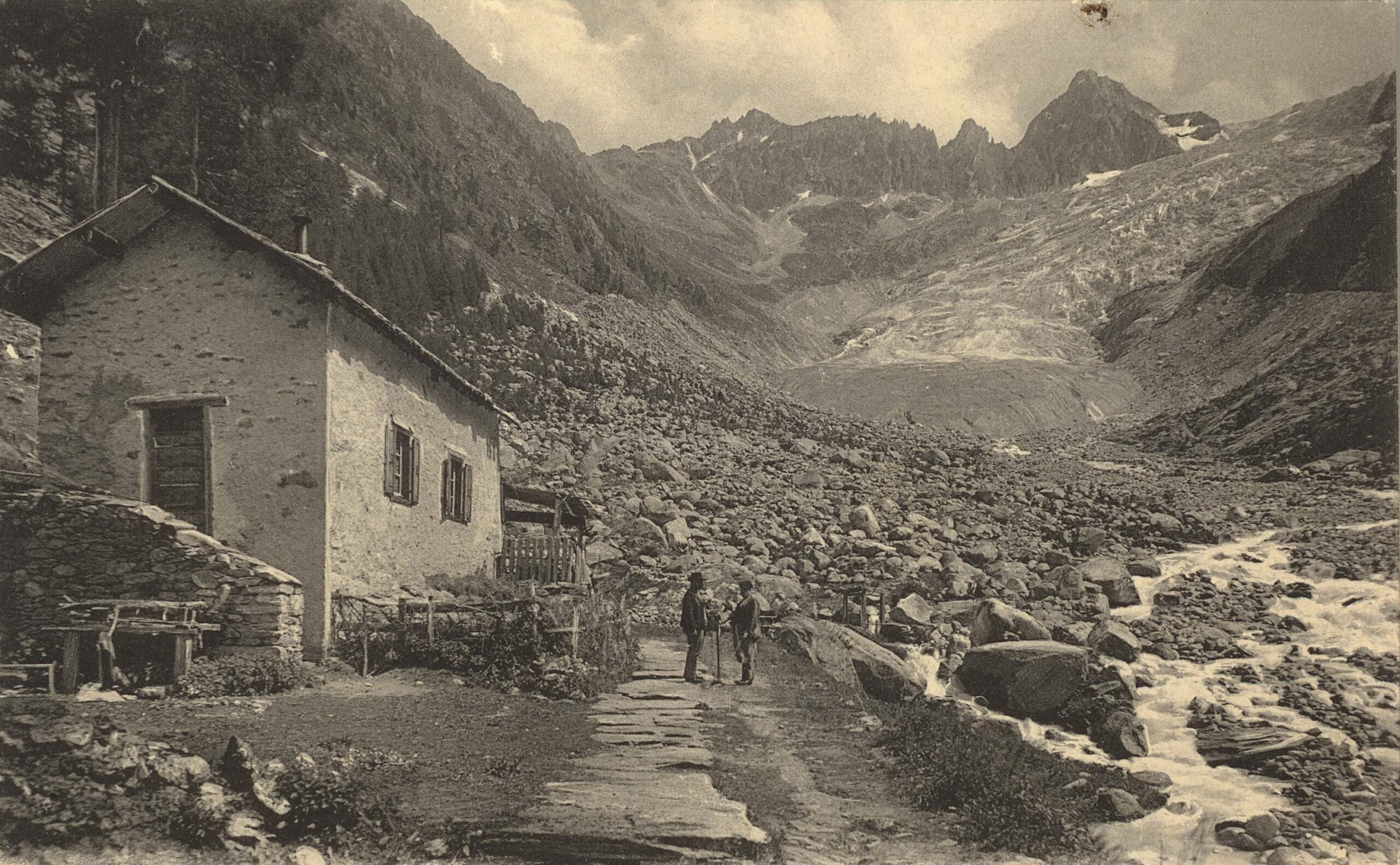 Paviljoen bij de Glacier du Trient, circa 1900. Fotograaf: Jullien Frères, Bibliotheek ETH Zürich foto Hs_1458-GK-B043-0000-0001.