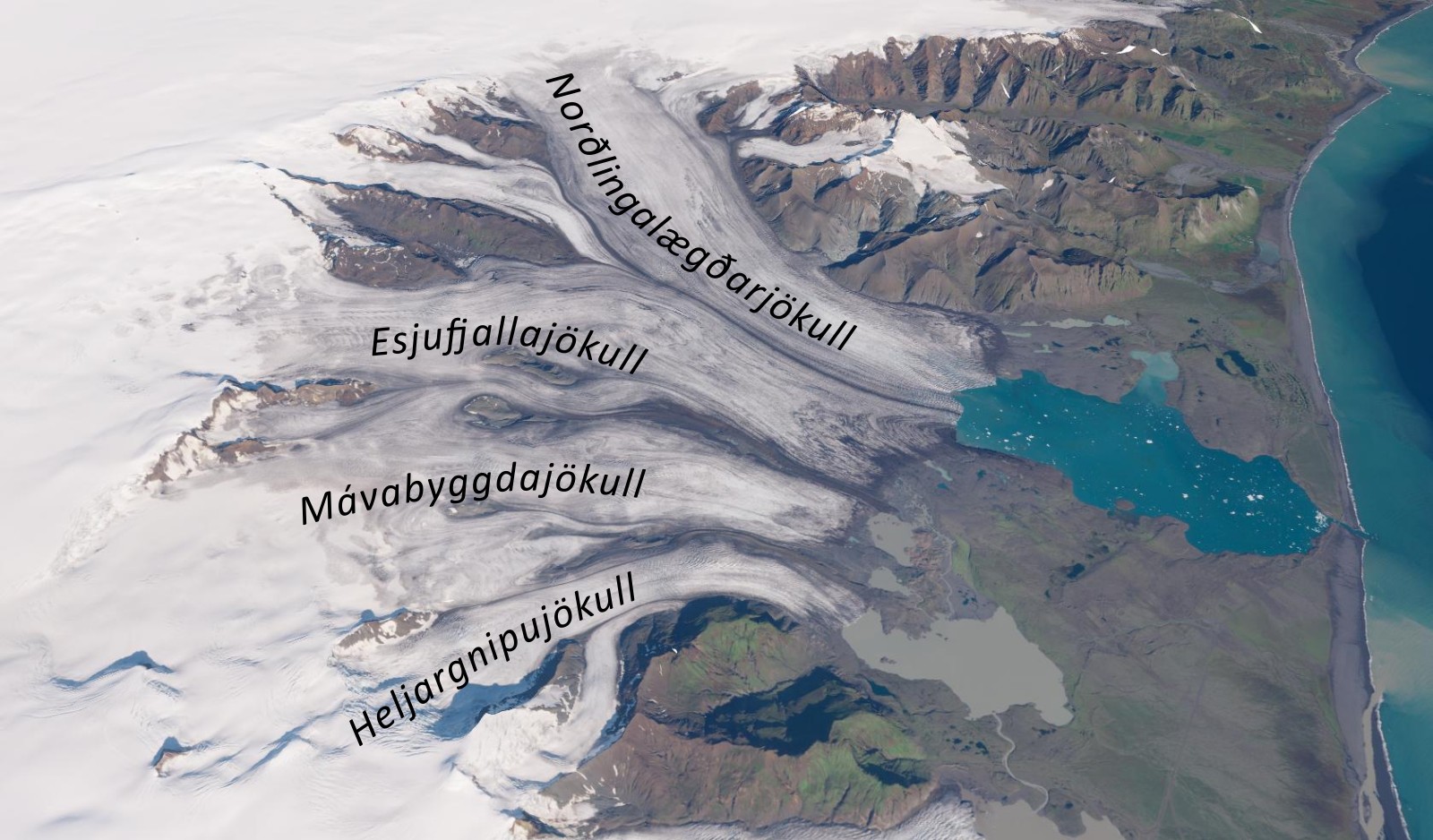 Namen van de vier gletsjers die samen de Breiðamerkurjökull vormen.