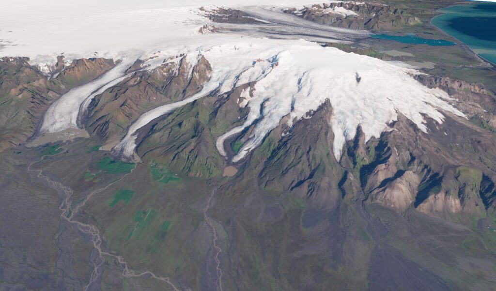 Öræfajökull with Falljökull and Virkisjökull in the middle of the 3D-image, based on Sentinel-2 satellite images and a DEM of Landmælingar Íslands.