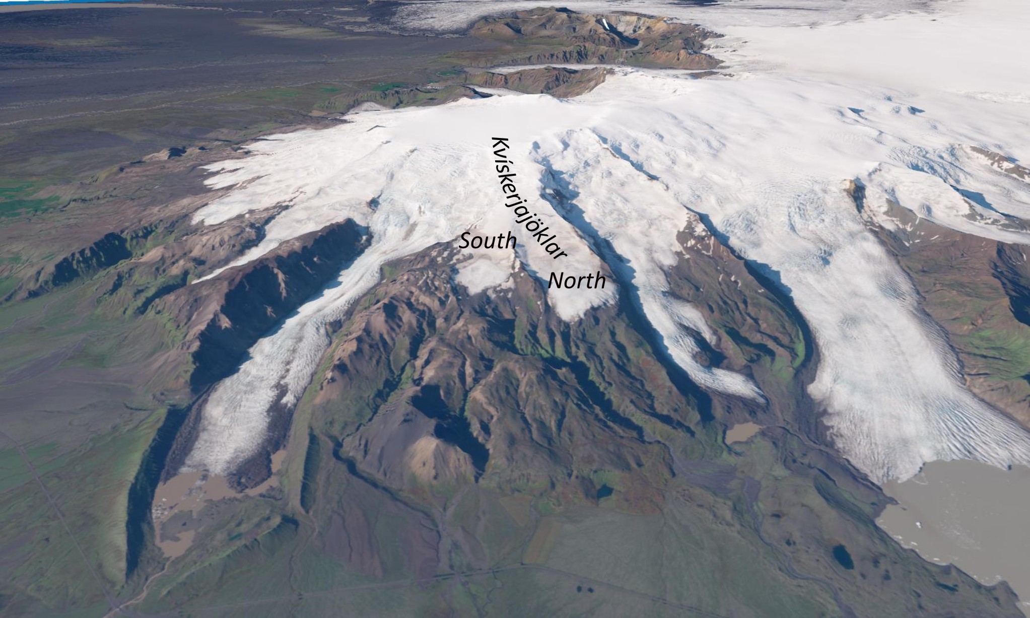 De Kvískerjajöklar Noord en Zuid op de oostelijke glanken van de Öræfajökull. Hoogtemodel met satellietbeeld (2022).