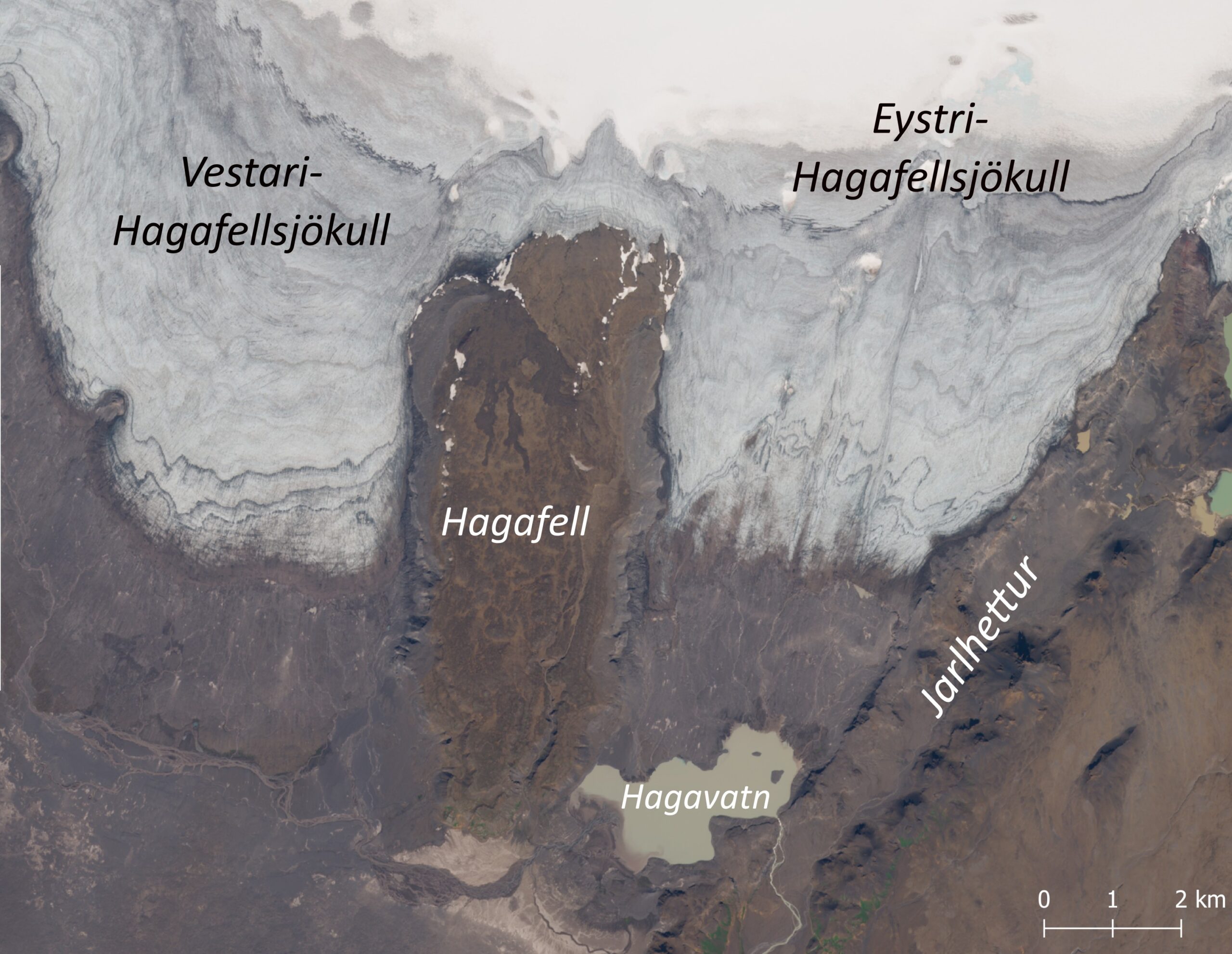 Satellite image (Sentinel-2, 2023) of Hagafellsjökull with names.