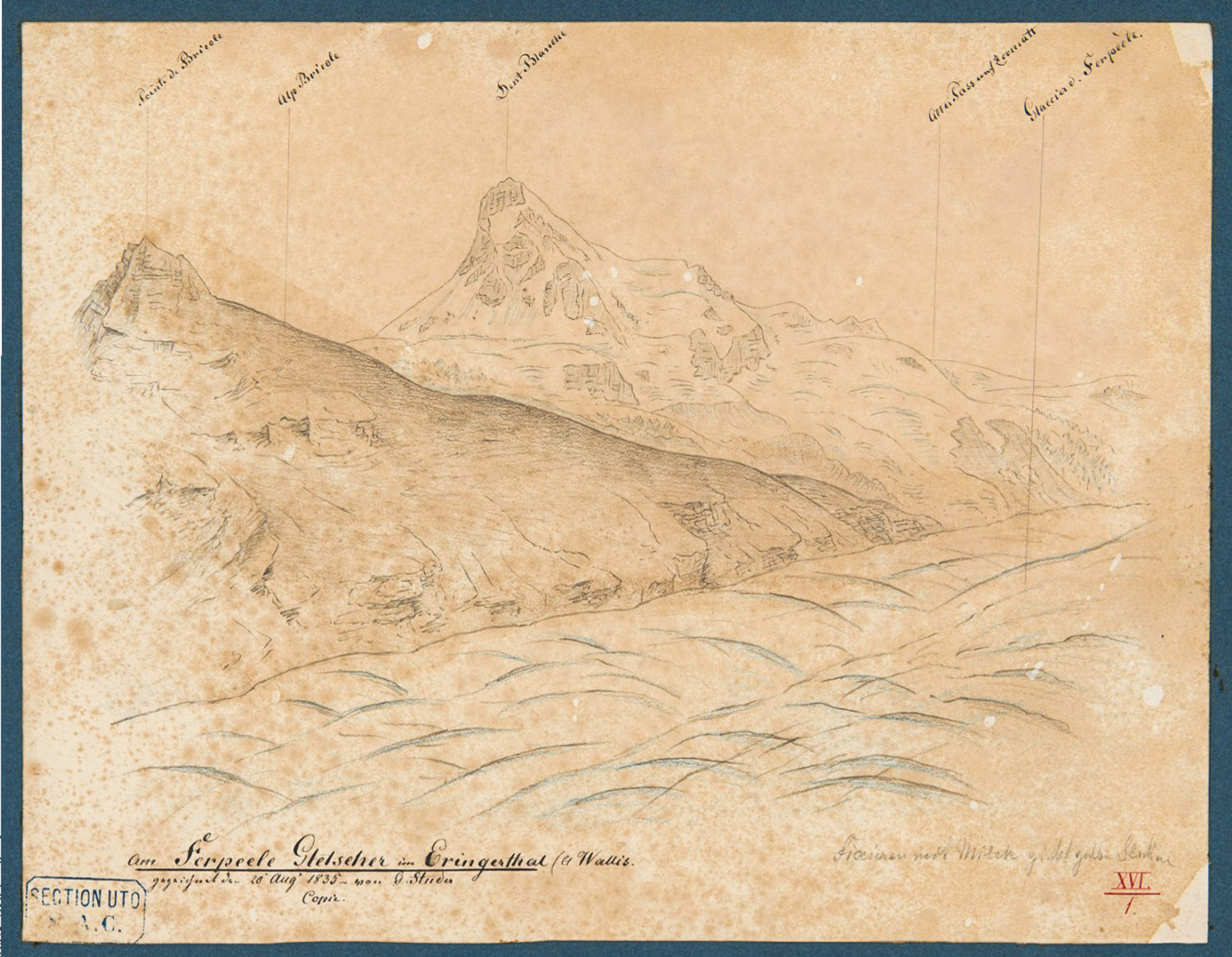 Drawing of Ferpècle glacier in 1835 by Gottlieb Studer. Source: Zentralbibliothek Zürich.