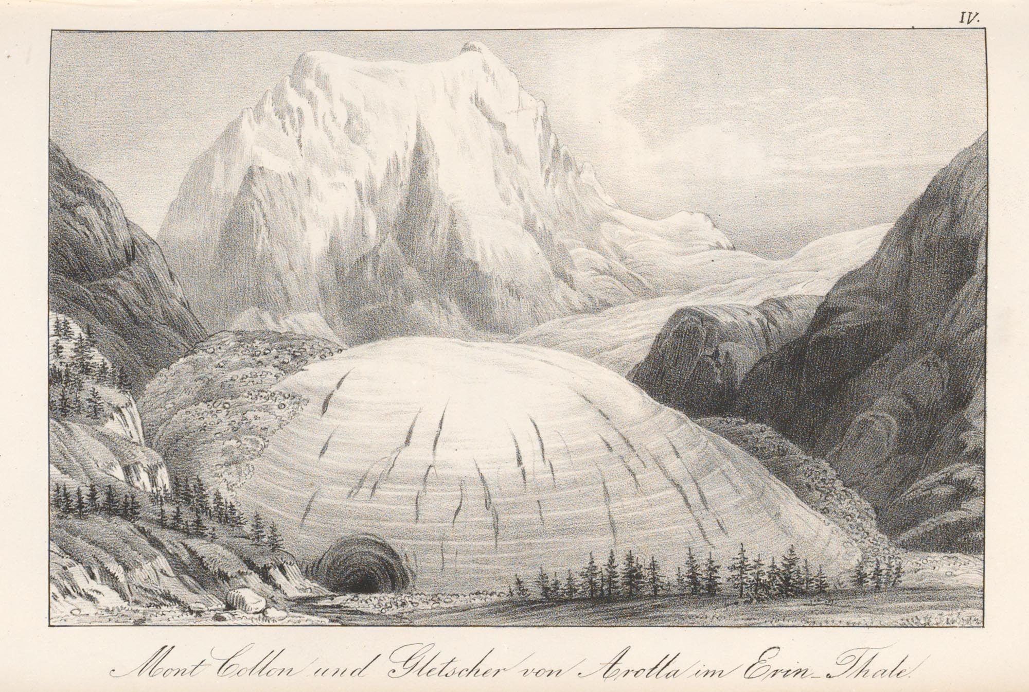 Drawing of Arolla Glacier in 1842 by James David Forbes. Source: Library ETH Zürich, record Rar31367_0006.