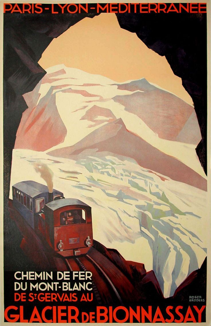 Poster uit de jaren 1930 van de Mont Blanc-spoorlijn met de Glacier de Bionnassay. Geïllustreerd door Roger Broders.