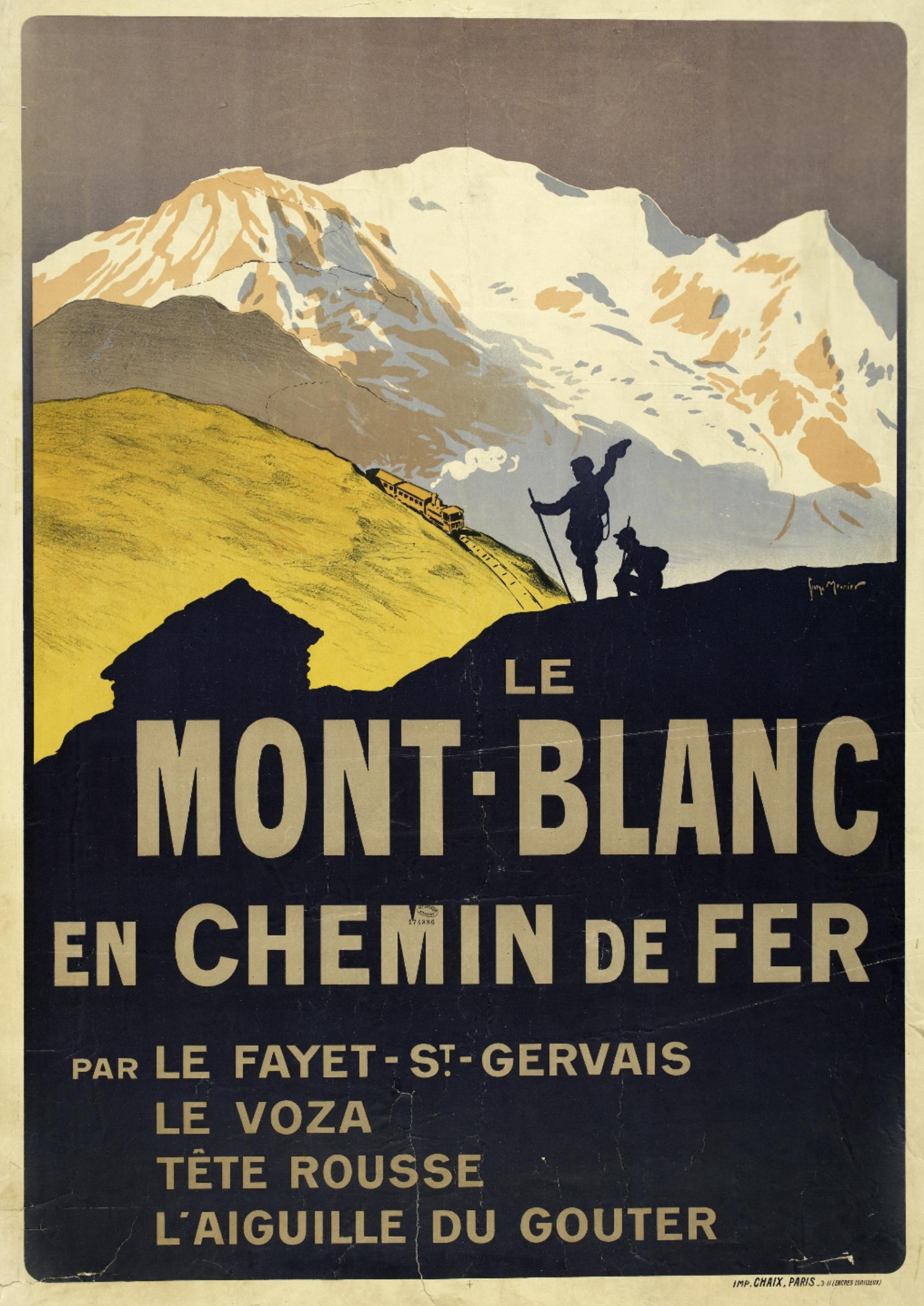 Affiche uit 1911 met het originele plan voor een spoorlijn naar de Aiguille du Goûter. Geïllustreerd door Georges Meunier, 1911. Bron: Bibliotheek van Fourny (Parijs), AF 174886 MF.