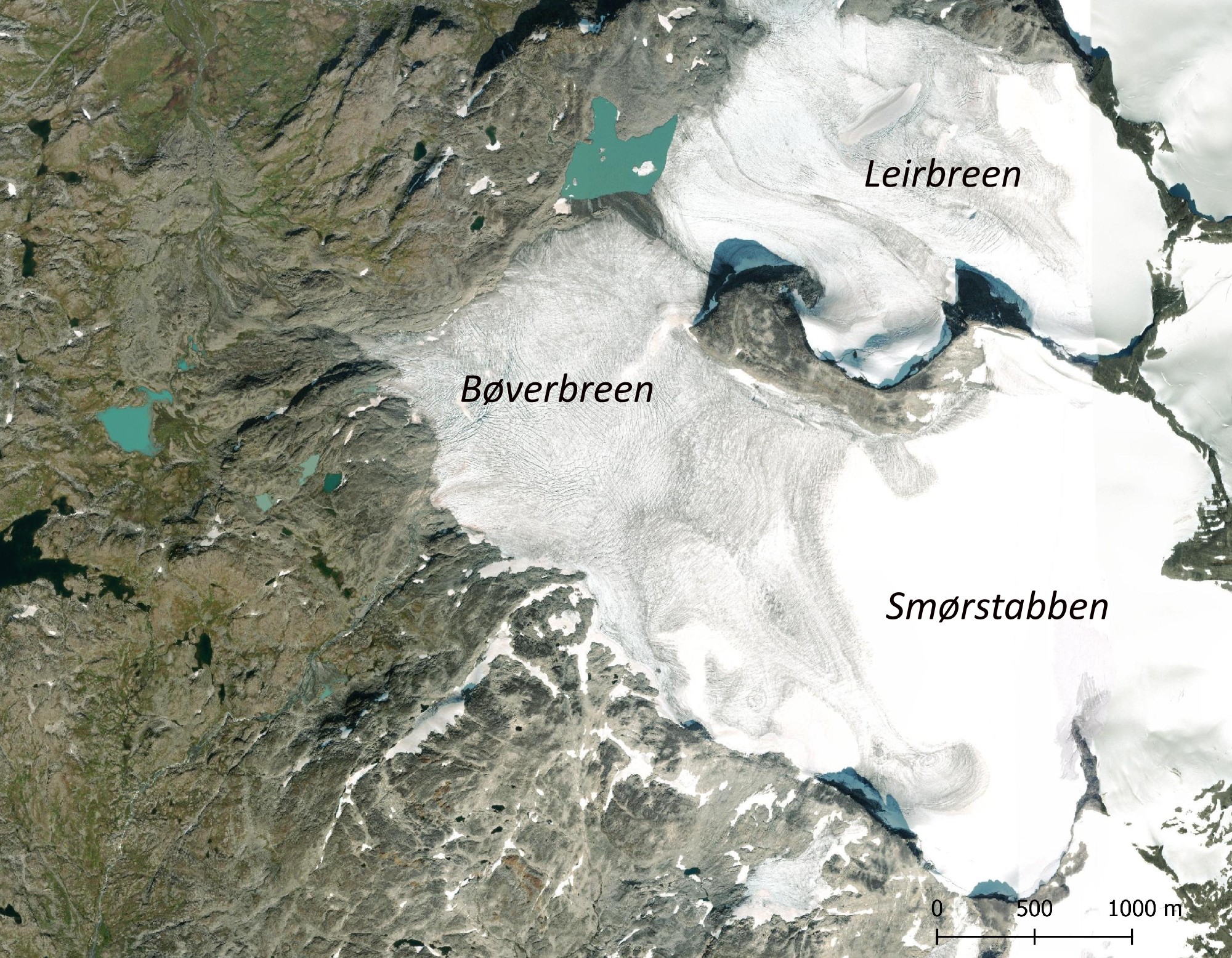 Orthophoto of Bøverbreen and adjacent Leirbreen, 2021.