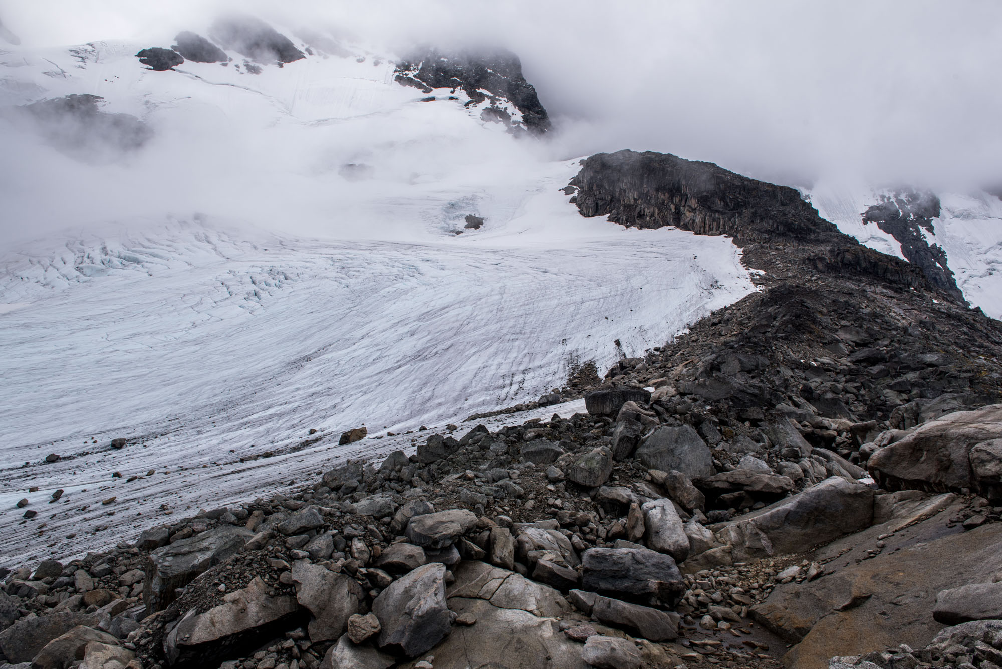 The glacier has become lower than its side moraine (foreground).