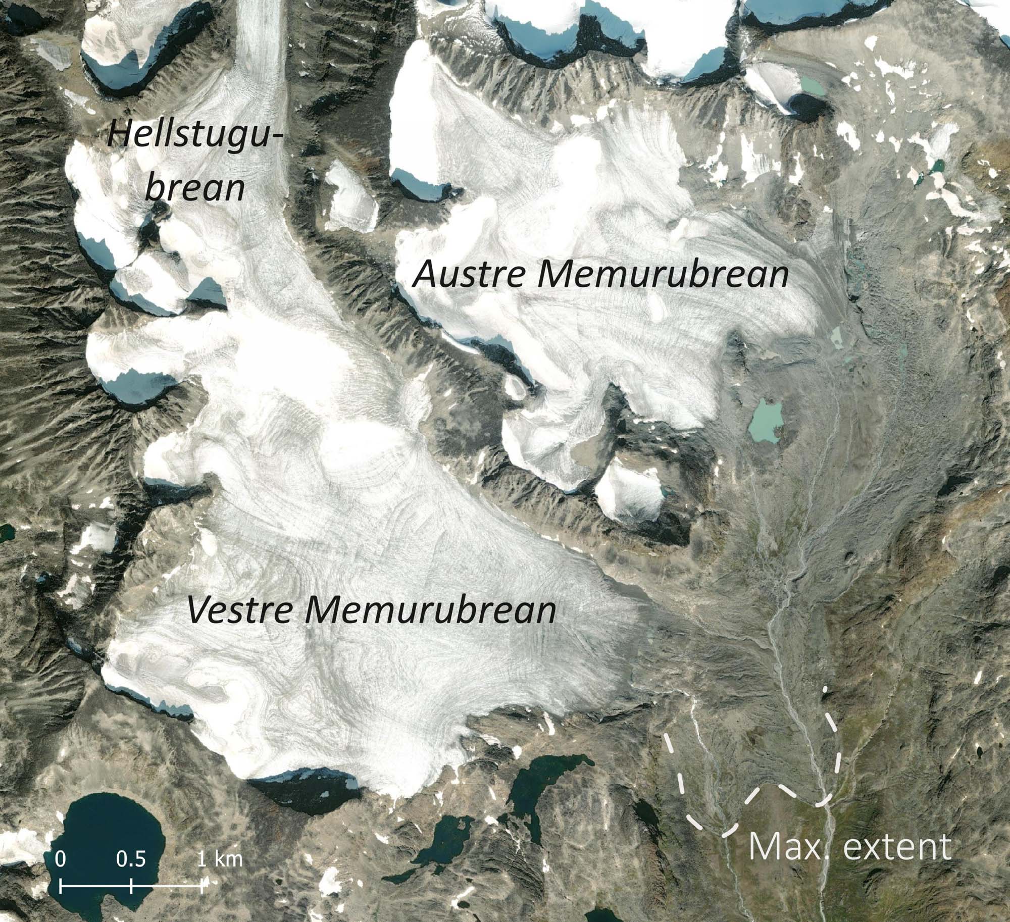 Satellite image (ESRI, 2021) of Memurubrean and its maximum extent.