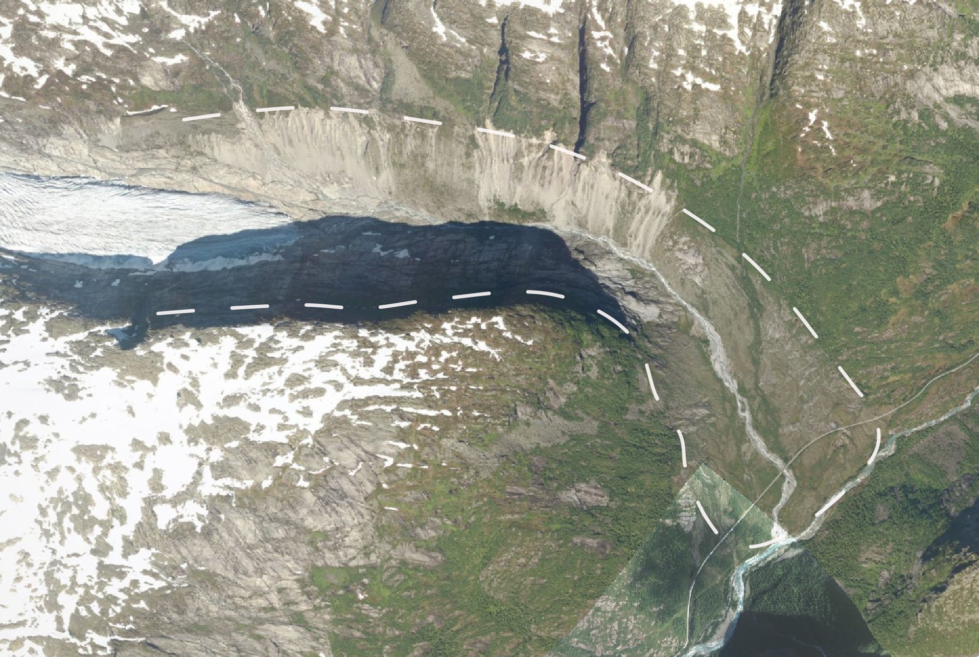 Orthophoto of Fåbergstølsbreen with eroding moraine. Dashed line shows maximum extent.