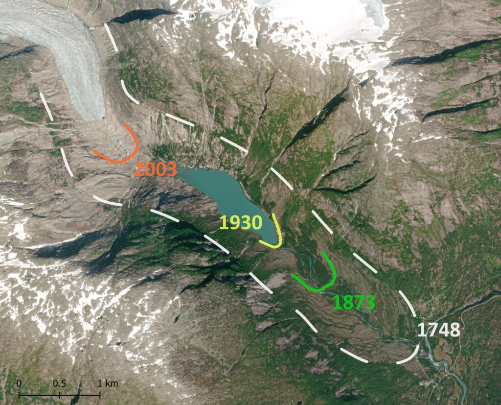 Satellite image of Nigardsbreen (2021) with moraine dates (after Nussbaumer et al., 2011).