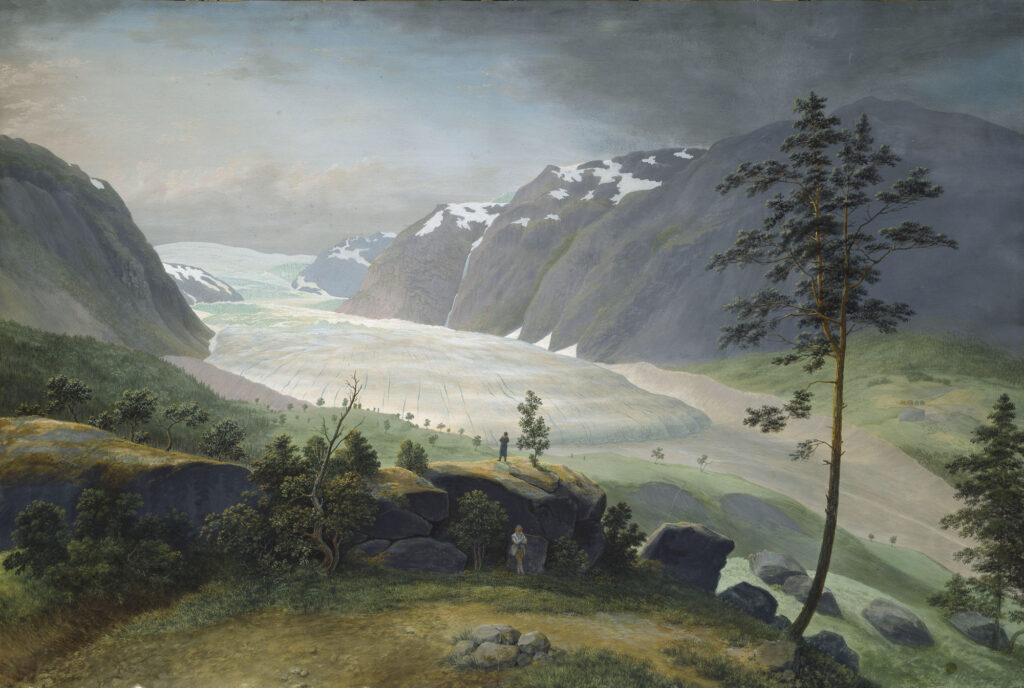 Drawing of Nigardsbreen by Johannes Flintoe in 1834 (sketsch from 1822). National Museum, NG.M.04327.