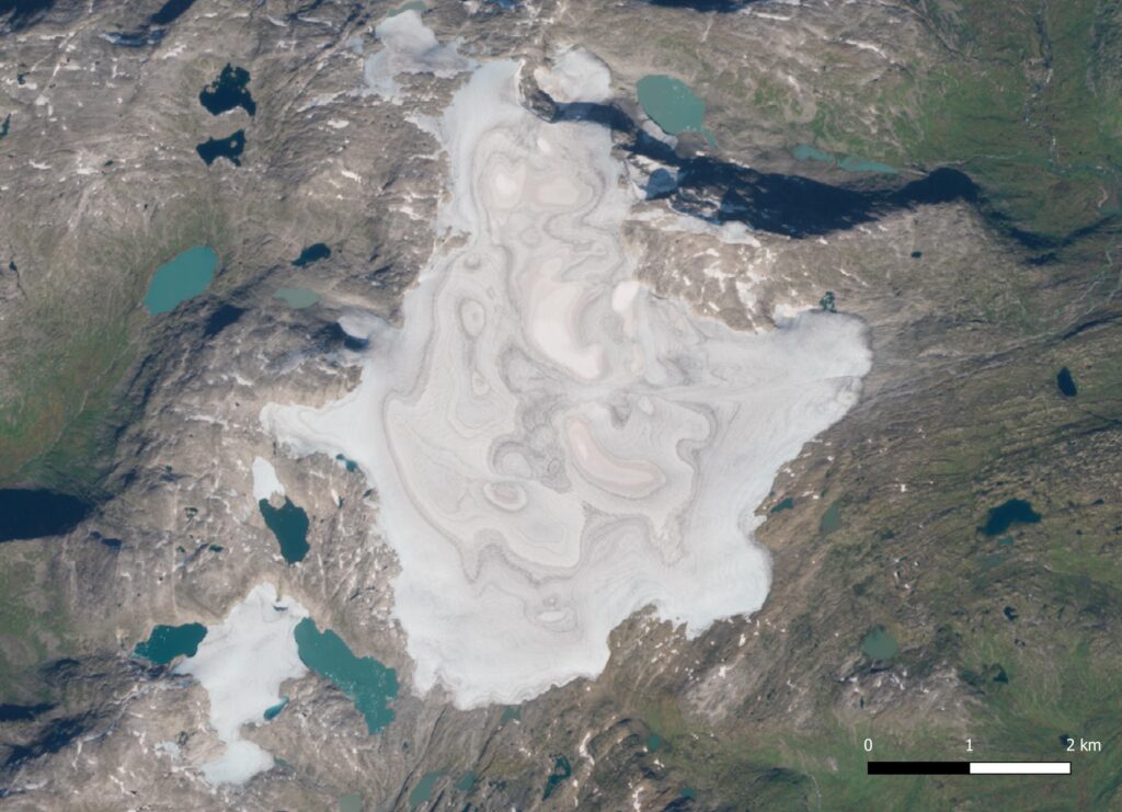 Satellite image of Spørteggbreen, 2024.