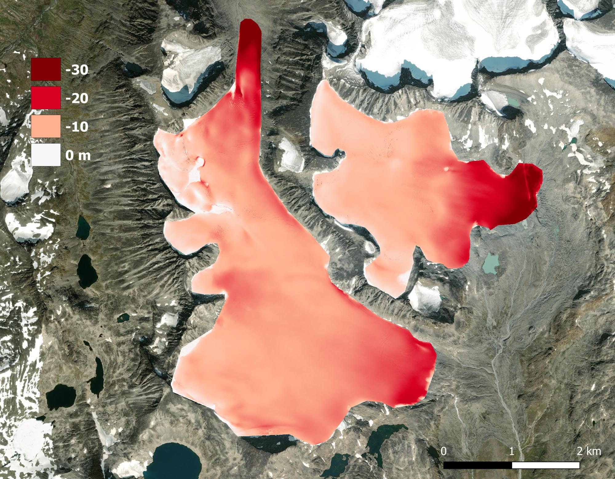 Surface elevation change of both Memurubreans and Hellstugubrean between 2009 and 2022. Data: høydedata.no.