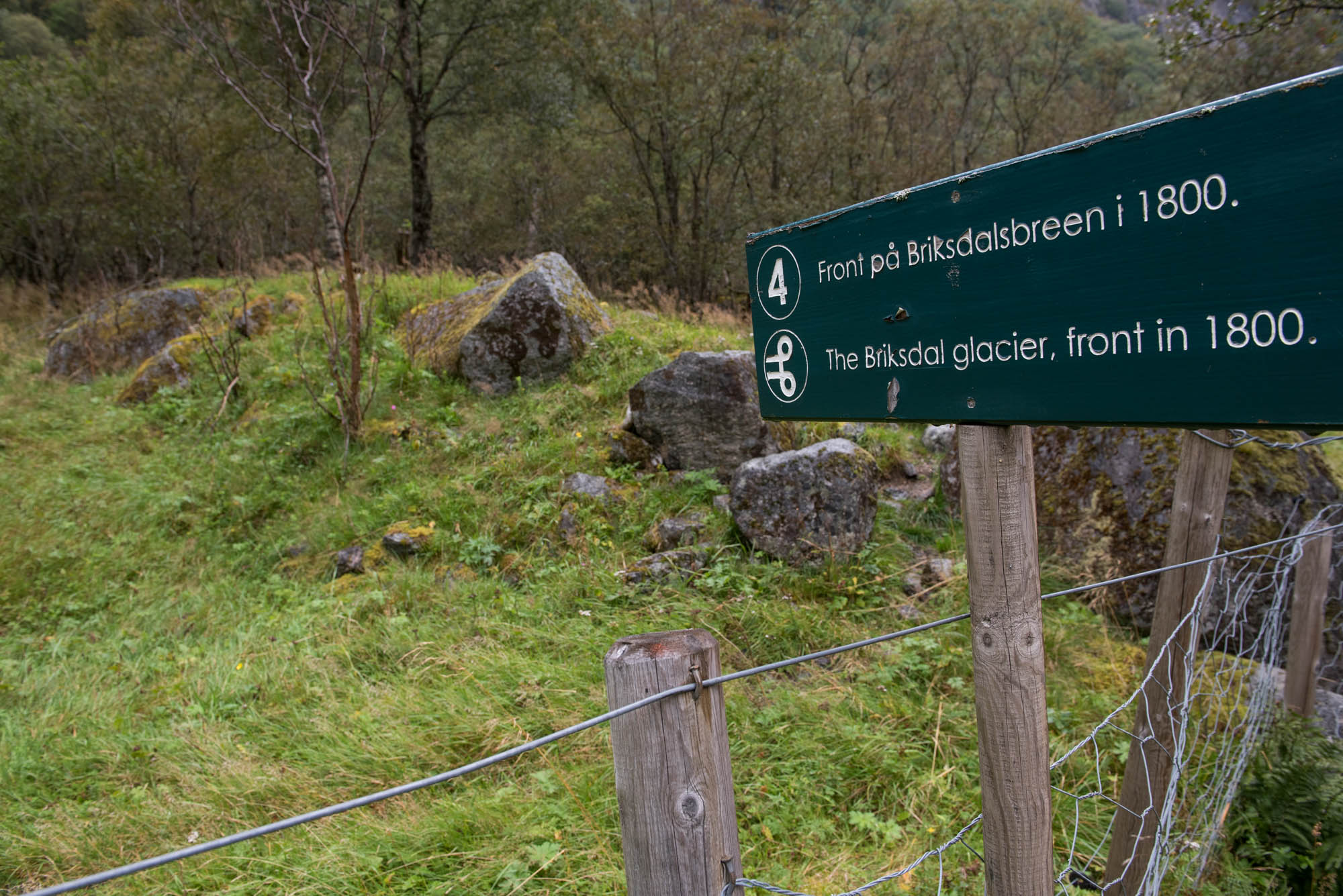 Signs in Briksdalen point out the old moraines.