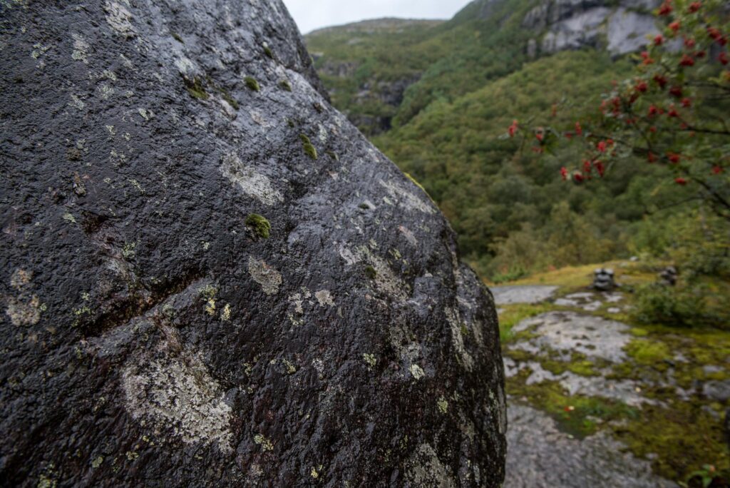 The large boulder with a cross carved into it by Rekstad in 1900.