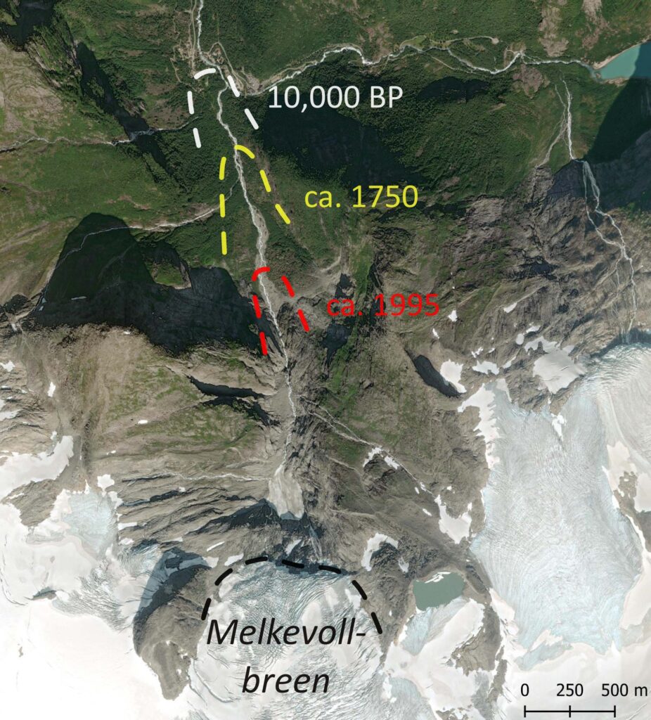 Satellite image (2021) of Melkevollbreen and its past extents.