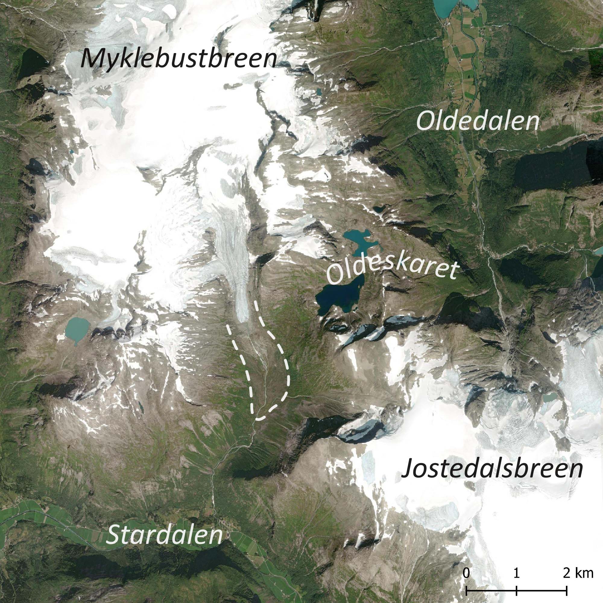 Satellite image of Haugabreen (center, with former extent) and surrounding area.