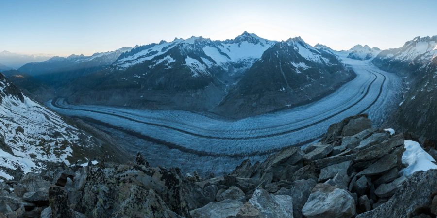 De twee middenmorenes liggen over de volle lengte van de Aletschgletscher, juni 2020.