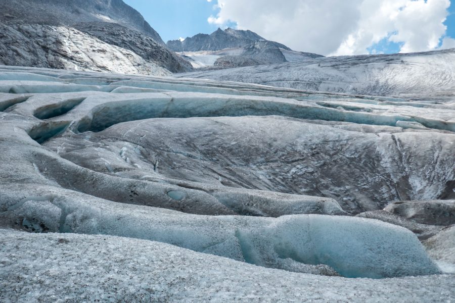 Circular tention cracks on the snout of Mandrone Glacier, August 2022.