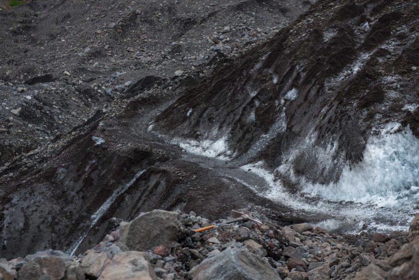 A path is carved out in the glacier.