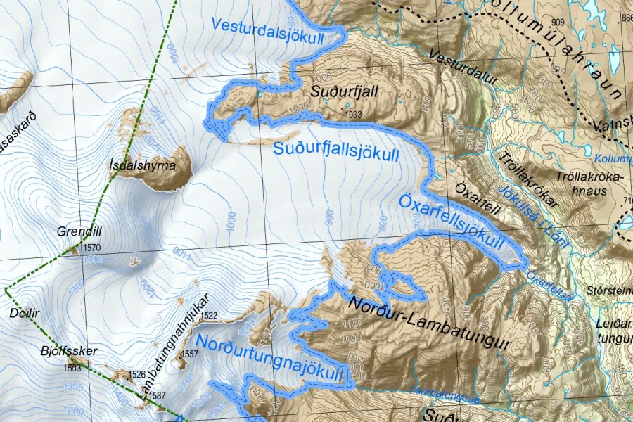 Moderne kaart van Oostelijk Vatnajökull. Bron: Vatnajökulsþjóðgarði.