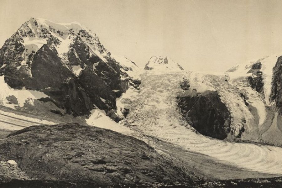 Haut Arolla Glacier (left) and Mont Collon Glacier merge in front of Mont Collon in 1893. Source: Library ETH Zürich photo Hs_1458-GK-B027-1893-0001.