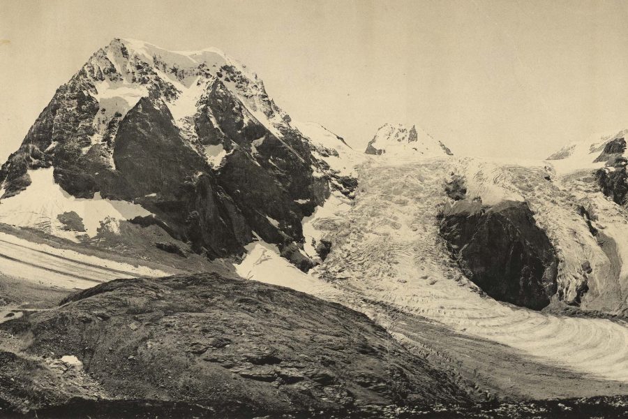 De Haut Glacier d'Arolla (links) en Glacier de Mont Collon stromen samen voor de Mont Collon in 1893. Bron: Bibliotheek ETH Zürich, foto Hs_1458-GK-B027-1893-0001.