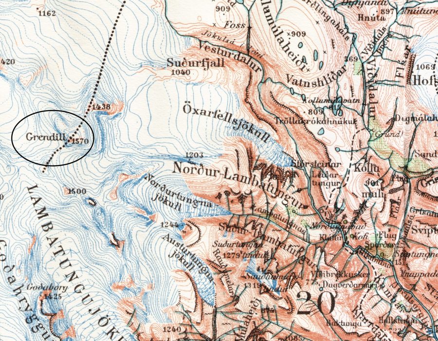 Danish map with Grendill encircled. Detail of sheet 8 (Miðausturland), published by the Geodetic Insitute Copenhagen (1946).