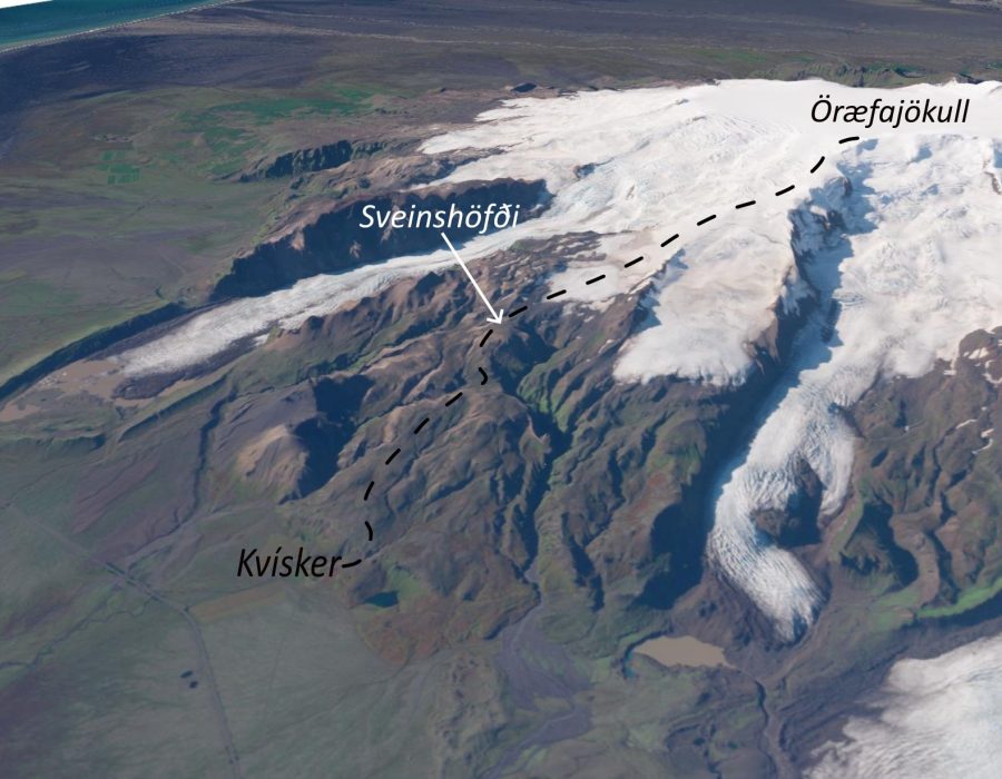 The route from Kvísker to the crater rim, via Sveinshöfði.