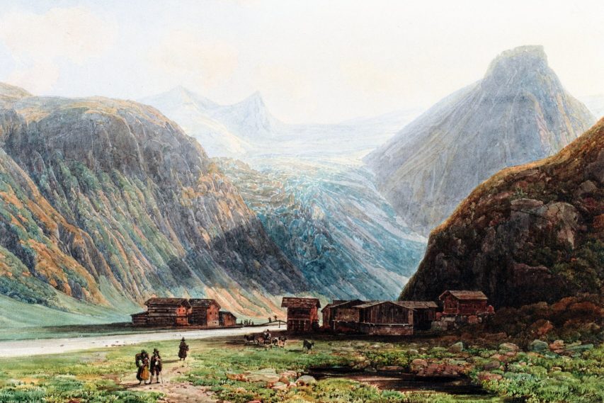De Schlatenkees reikt tot op de dalbodem achter het gehucht Innergschlöss, 1840. Aquarel door Thomas Ender, collectie Erzherzog Johann EJ in Patzelt, Gletscher (2019).