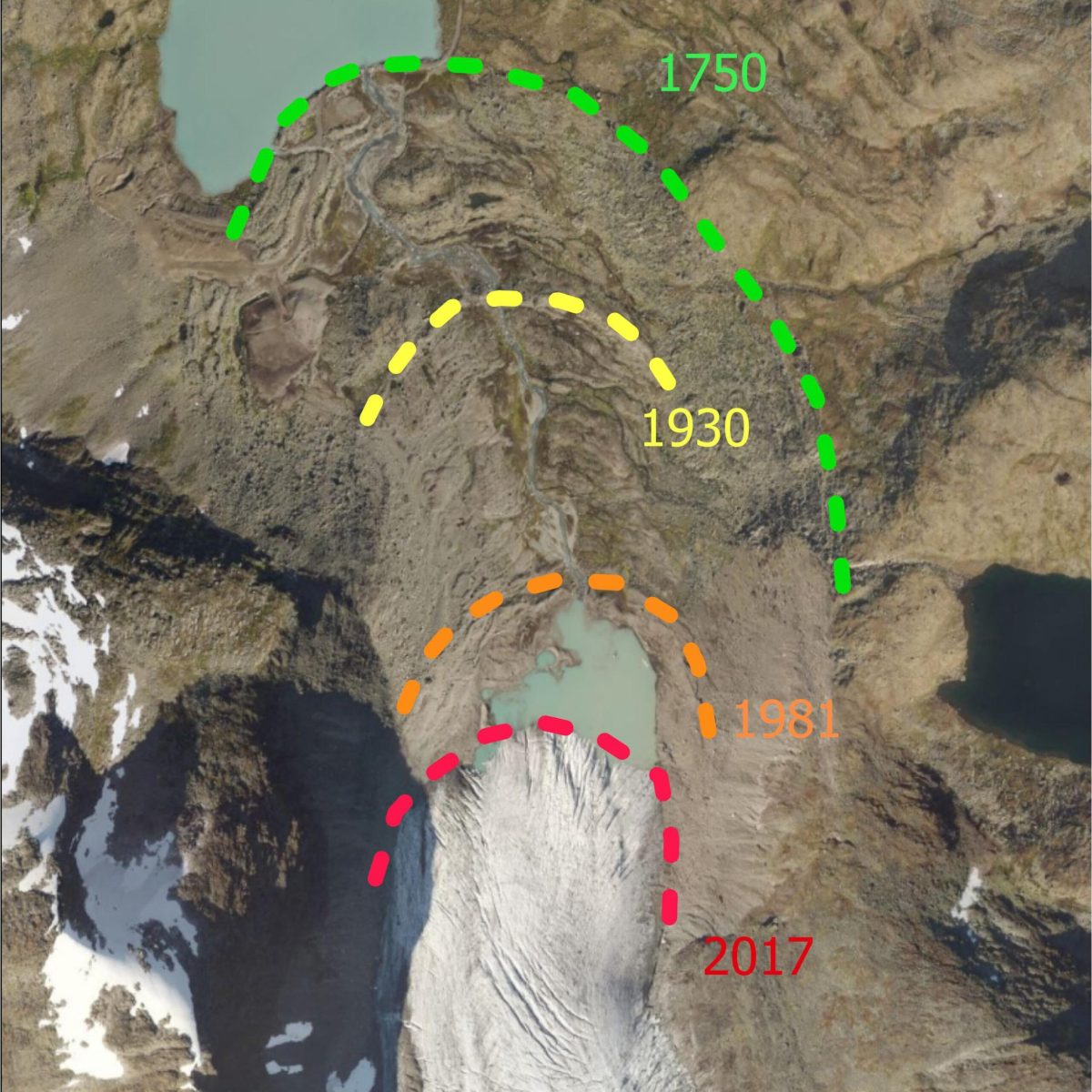 Orthophoto of Styggedalsbreen from 2017, with its former extents.